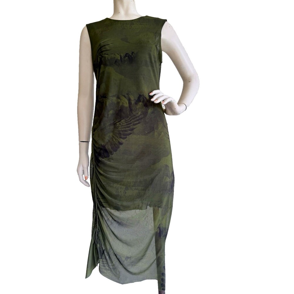 ALL SAINTS Mesh Midi Dress Green Black Horse Graphic Print Ruched Sleeveless 8